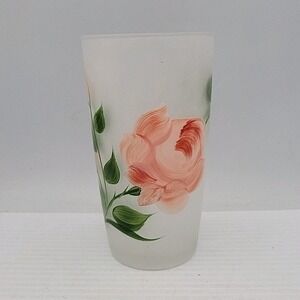 Vtg Frosted Drinking‎ Glass Handpainted Pink Flowers Hazel Atlas